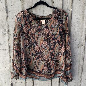 Sundance 100% Silk Sheer Ruffle Peasant Top Paisley Floral Boho Fairy Ethereal M